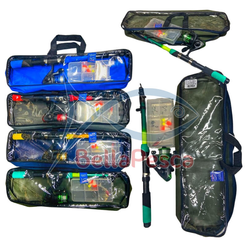 Kit molinete colorido 200 + Vara telescópica 1,70m + Estojo com acessórios + Bolsa